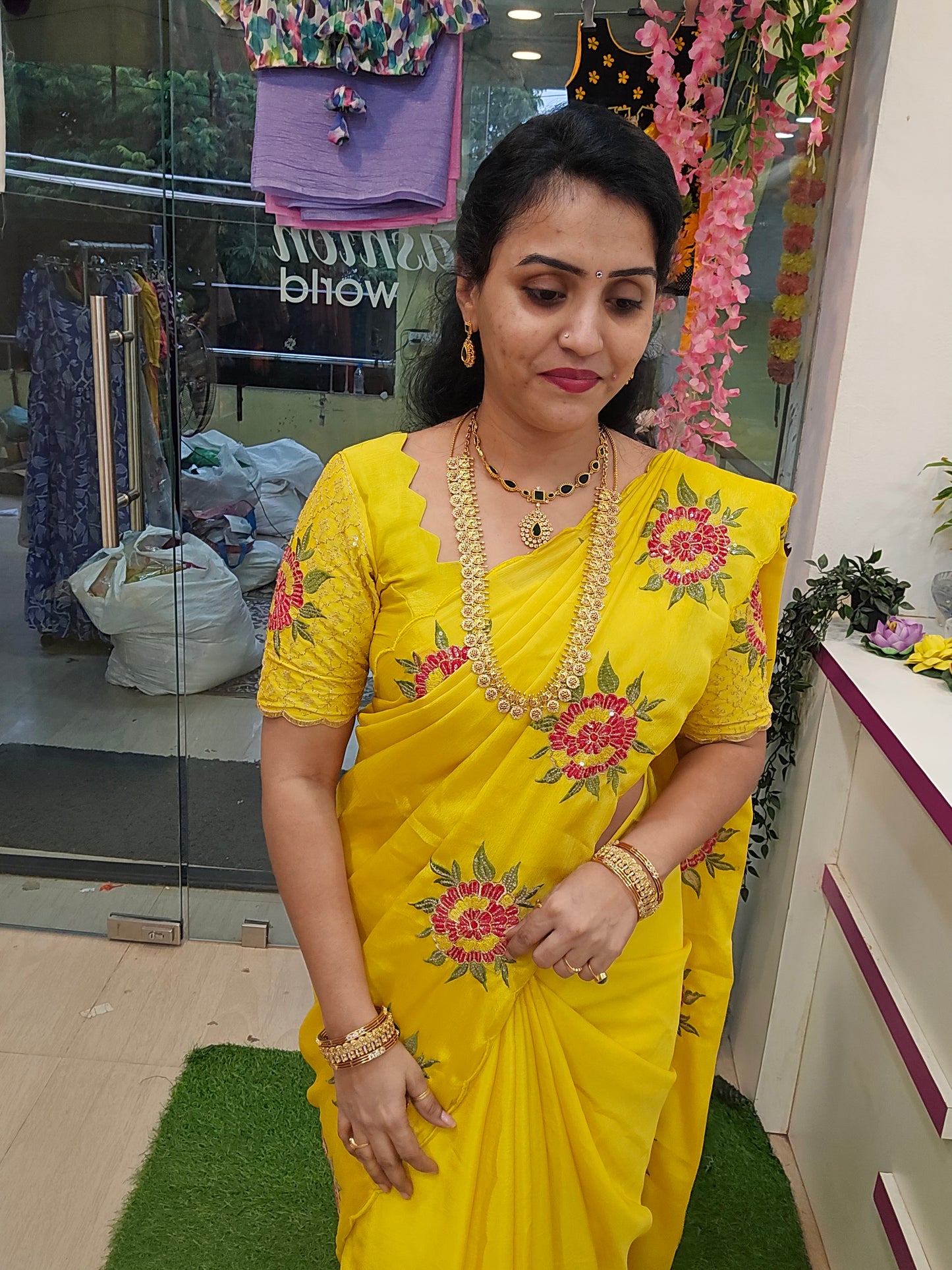 Code SLS 218 yellow Chinan embroidery work saree un stiched work blouse