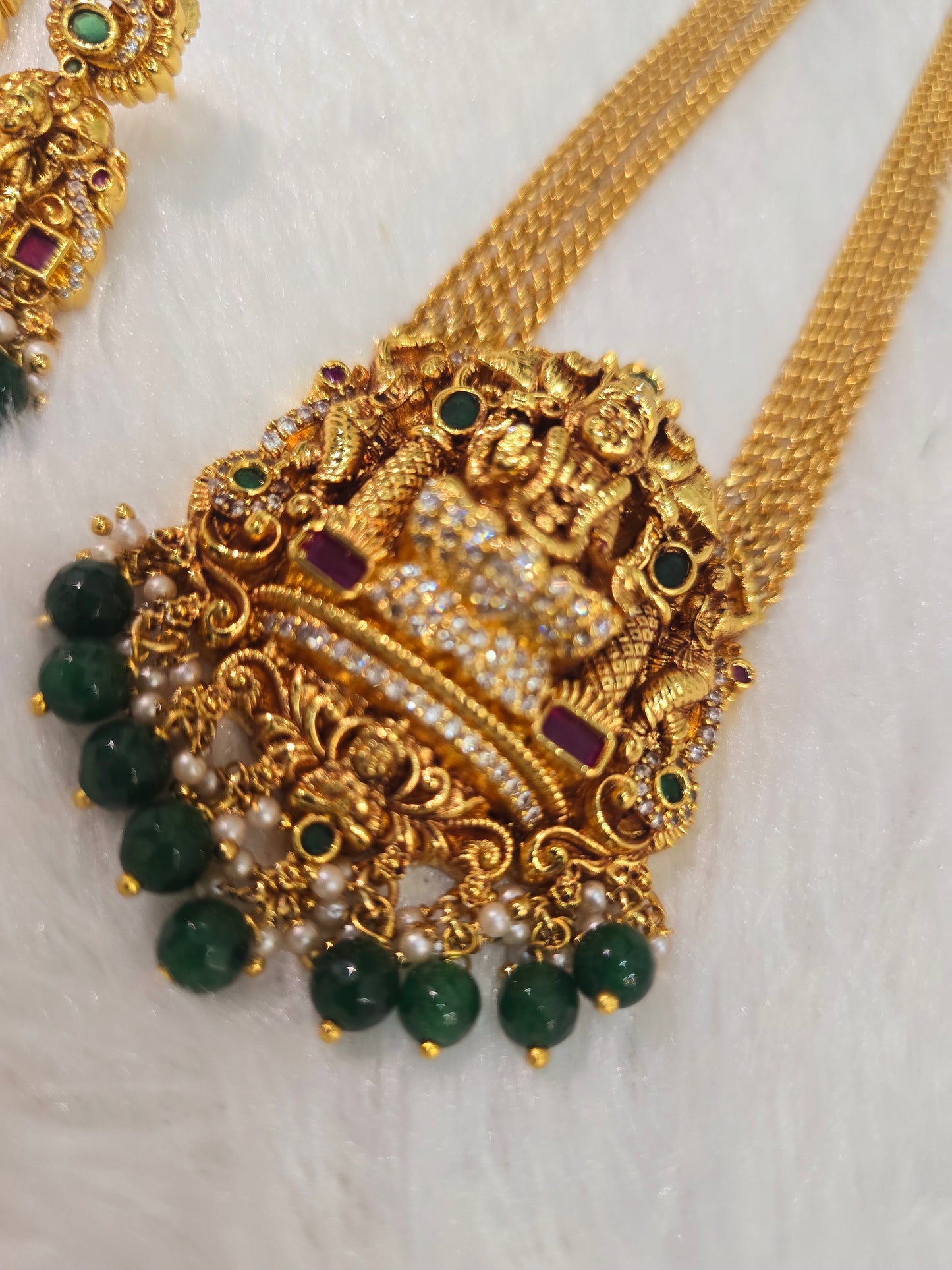 Long chandraharam with earrings (green)- SLS 241J