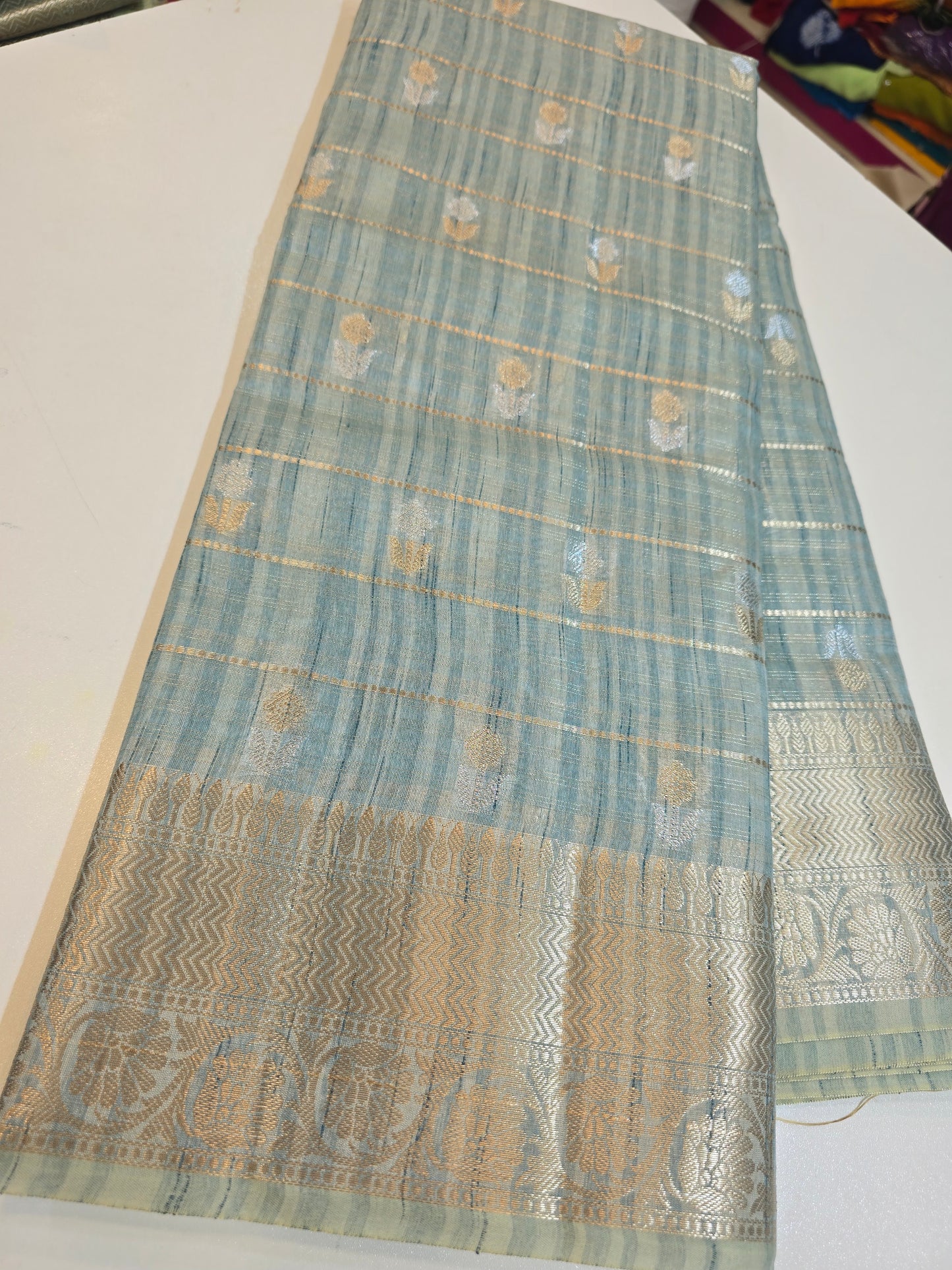 See blue Saree un stiched blouse Code SLS 232