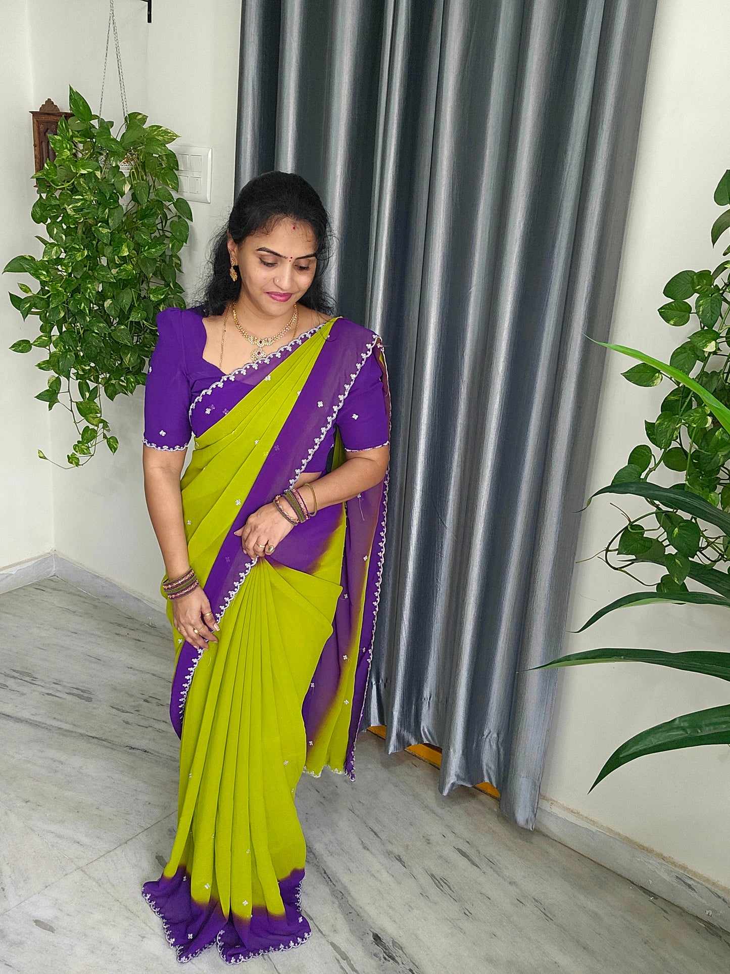 Georgette 3D plain saree with cutwork border-SLS16