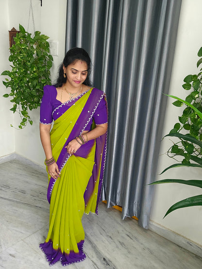 Georgette 3D plain saree with cutwork border-SLS16