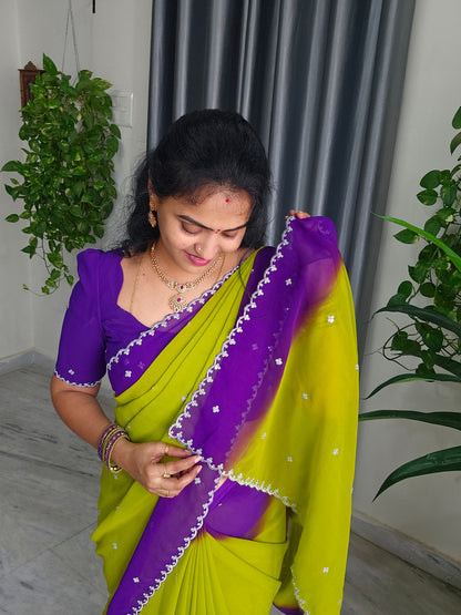 Georgette 3D plain saree with cutwork border-SLS16