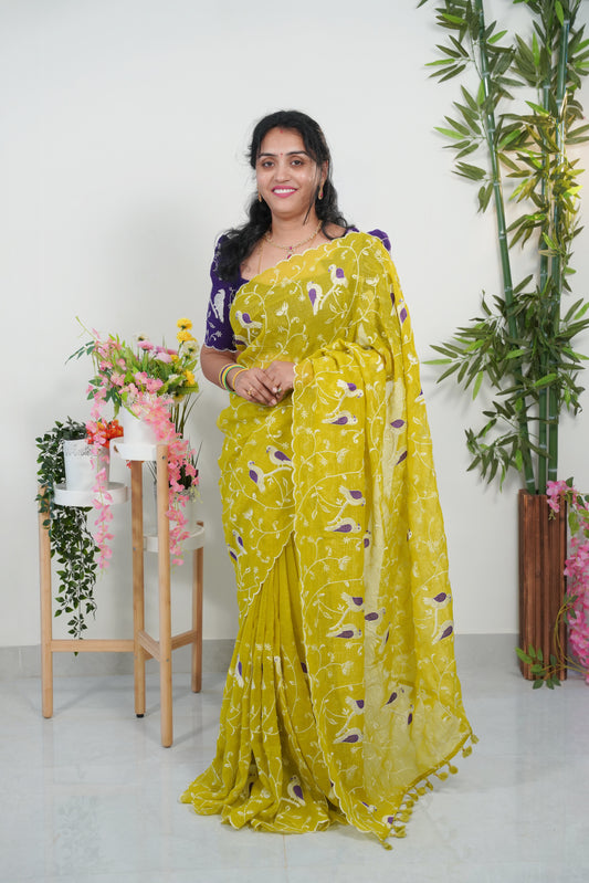 Space silk embroidery cutwork saree-SLS58