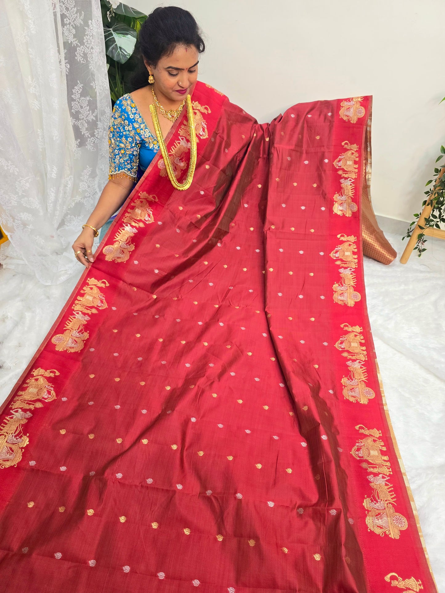 Brick color Saree un stiched blouse code SLS  416