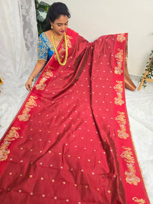 Brick color Saree un stiched blouse code SLS  416