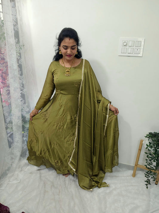 Mehandi green color Frock  with duppatta code SLS 465