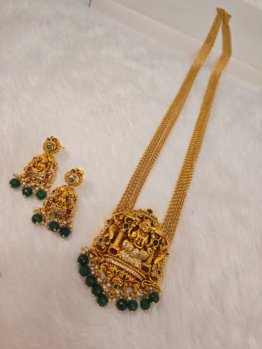 Long chandraharam with earrings (green)- SLS 241J