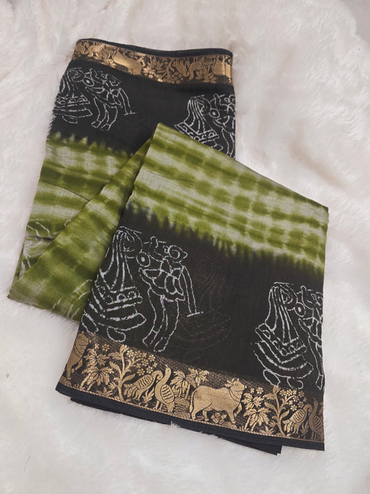 Mahendi green Saree un stiched blouse SLS code 371