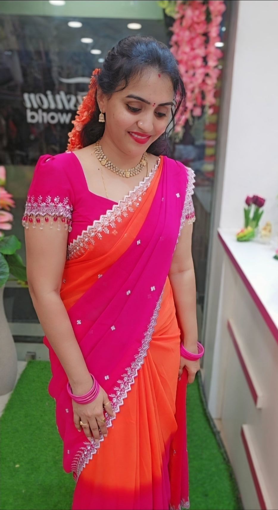 Code SLS 216 saree un stiched blouse pink orange color