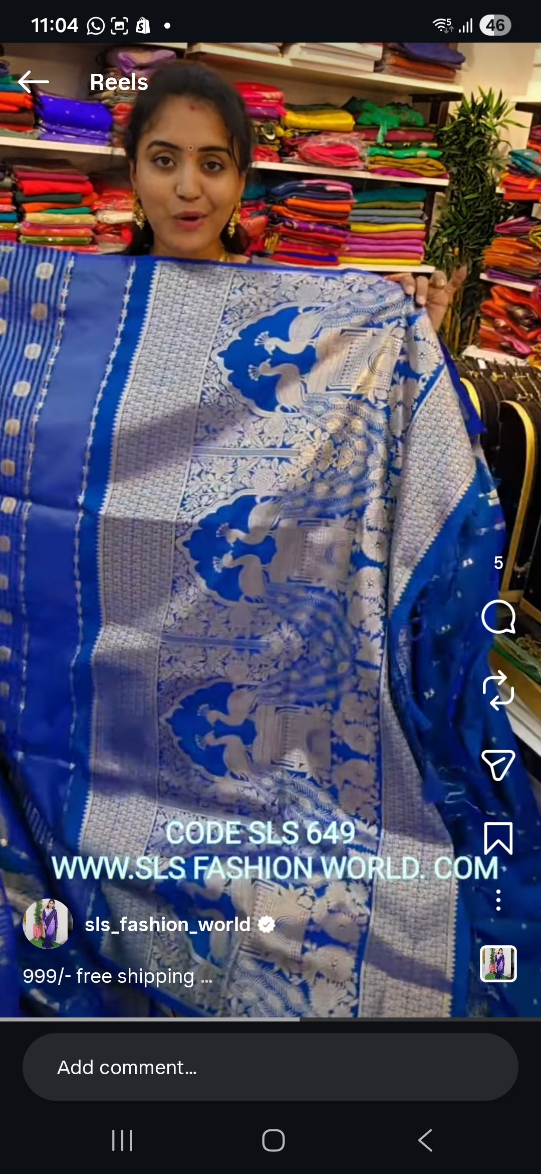 Peacock blue Saree un stiched blouse code SLS 649