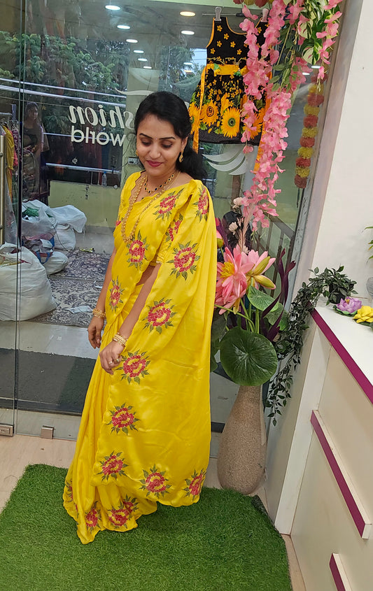 Code SLS 218  yellow Chinan embroidery work saree un stiched work blouse