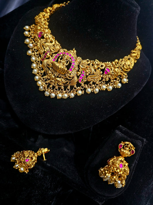 Real jadavu kundans neck set with screw bag earrings  COde SLS 736J