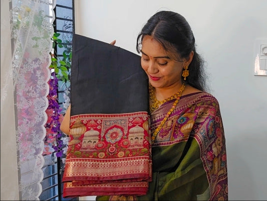 Black meroon color Saree un stiched blouse code SLS 504
